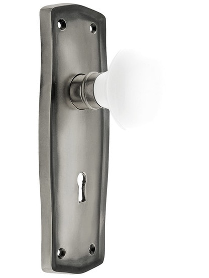 Prairie Style Mortise Lock Set with White Porcelain Door Knobs in Antique Pewter.